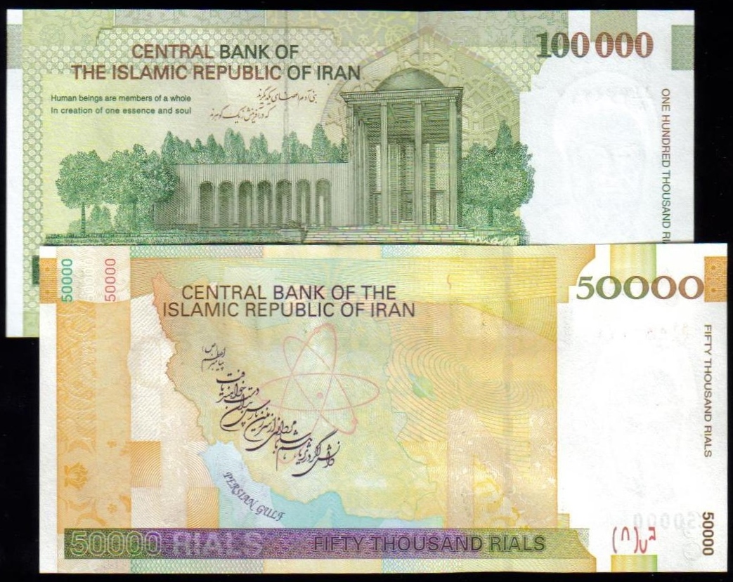<font 105><font color=red><b>150,000 Iranian Rial, </font></b>One of each, 50K and 100K, UNC.