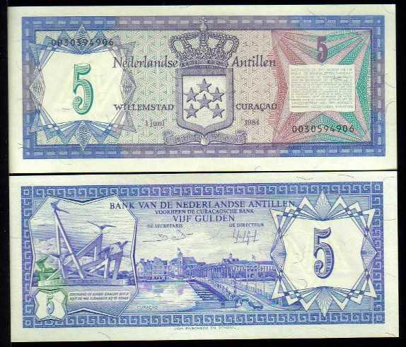 <font color=red><b>Netherlands Antilles Pick 15b, UNC,</font></b><p>  5 Gulden, 1.6.1984, Serial #30594906, see the image of the note you will receive.