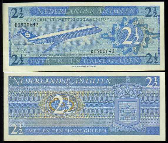 <font color=red><b>Netherlands Antilles Pick 21a, UNC,</font></b><p>  2.5 Gulden, 8.9.1970, Serial #0500642, see the image of the note you will receive.