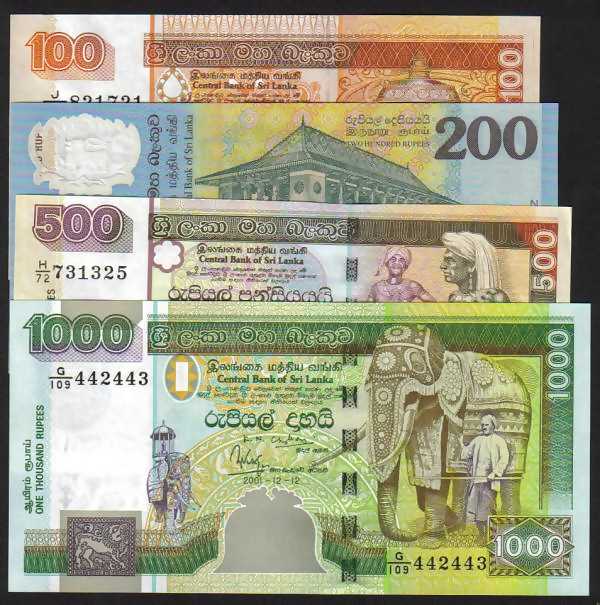 <font color=red><b>Sri Lanka Pick 114b, 118, 119, 120, set of 4, all UNC</font></b><p>  100, 200, 500, 1000 Rupees,