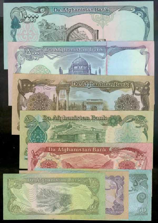 <font color=red><b>Afghanistan Pick 55-63 Set,  UNC <br></font></b> Set of 8 denominations, 10, 20, 50, 100, 500, 1000, 5000 and 10,000 notes all UNC.<br> <a href="/shop/catalog/images/Afghan-Pick-55-63.jpg"> <font color=green><b>View the image</b></a></font><p>