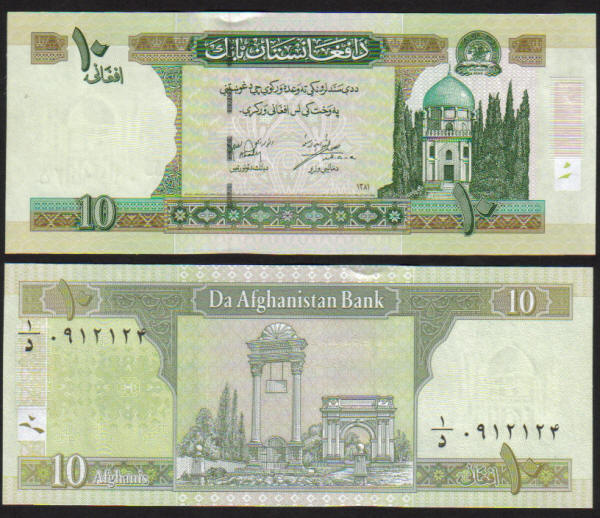 <font color=red><b>Afghanistan Pick 67a<p>     UNC,</font></b> 10 New Afghani, 2002 Republic issue.  Victory Arch near Kabul at center on the back.  <p> <a href="/shop/catalog/images/Afghan-Pick-67.jpg"> <font color=green><b>View the image</b></a></font>