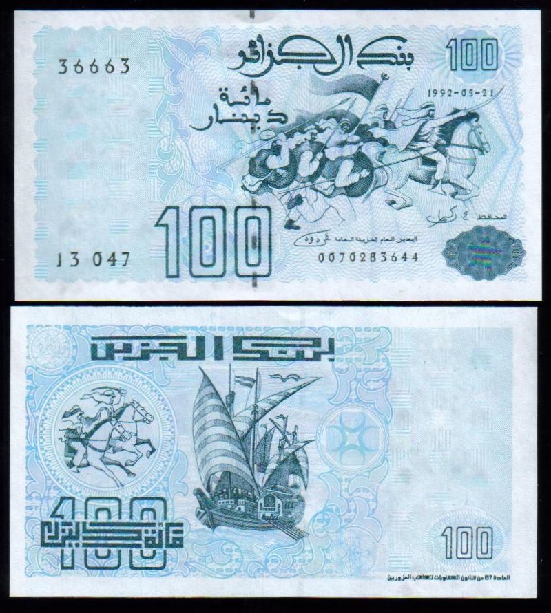 <font color=red><b>Algeria Pick 137, UNC<br></font></b>100 Dinars from the 1992 set. Army charging at right, Seal on back <br><a href="/shop/catalog/images/Algeria-Pick-137-36663.jpg"> <font color=green><b>View the image</b></a></font>