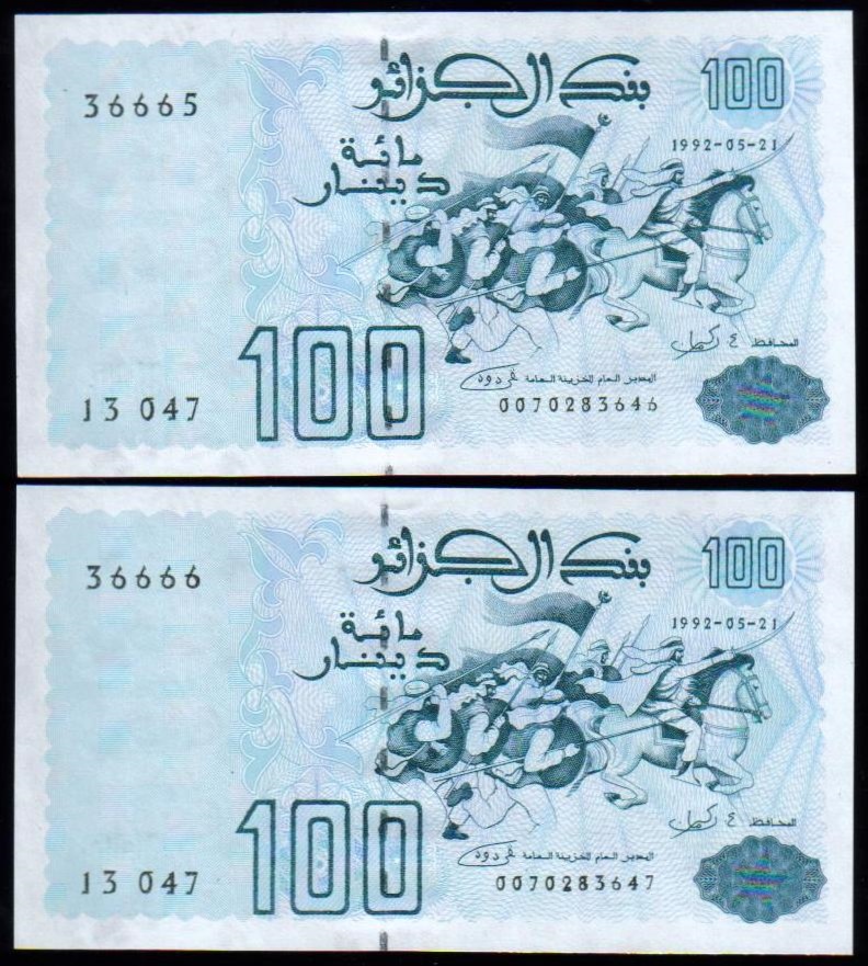 <font color=red><b>Algeria Pick 137, UNC, consecutive pair<br></font></b>100 Dinars from the 1992 set. Army charging at right, Seal on back <br><a href="/shop/catalog/images/Algeria-Pick-137-Pair-665-666.jpg"> <font color=green><b>View the image</b></a></font>
