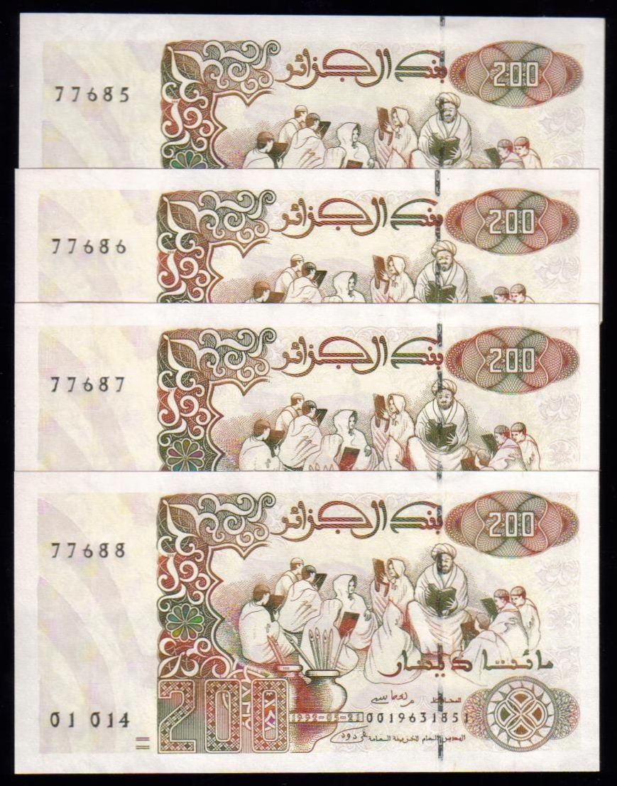 <font color=red><b>Algeria Pick 138, UNC, 4 pieces consecutively numbered<br></font></b>200 Dinars from the 1992 set. Islamic school, teacher and students <br><a href="/shop/catalog/images/Algeria-Pick-138X4.jpg"> <font color=green><b>View the image</b></a></font>