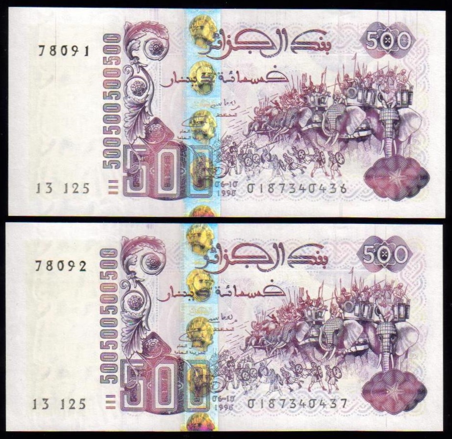 <font color=red><b>Algeria Pick 141, UNC, a consecutive pair<br></font></b>500 Dinars from the 1998 set. Hannibal's troops and elephants <br><a href="/shop/catalog/images/Algeria-Pick-141-Pair.jpg"> <font color=green><b>View the image</b></a></font>
