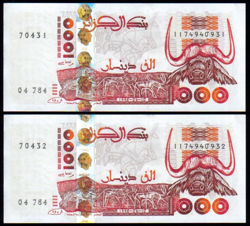 <font color=red><b>Algeria Pick 142b, UNC, a consecutive pair<br></font></b>1000 Dinars from the 1998 set. Cave carvings of animals <br><a href="/shop/catalog/images/Algeria-Pick-142b-Pair.jpg"> <font color=green><b>View the image</b></a></font>