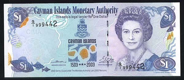 <font color=red><b>Cayman Islands Pick 30, UNC<p></font></b> $1, 2003 date.  Special Q/1 prefix for Quin-centennial celebrations. Available serial numbers are: 000027, 000082, 999441, 939106. <p> <a href="/shop/catalog/images/Cayman-Pick-30.jpg">   <font color=green><b>View the image</b></a></font>