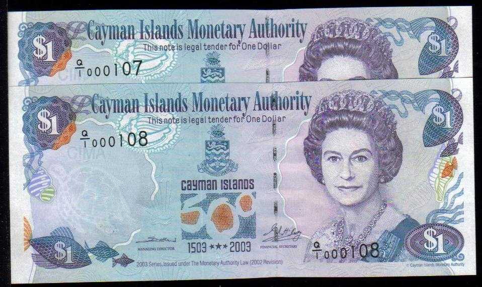 <font color=red><b>Cayman Islands Pick 30 consecutive Pair with serial numbers 000107 and 000108<p>  UNC,</font></b> $1, 2003 date.  Special Q/1 prefix for Quin-centennial celebrations.  <p> <a href="/shop/catalog/images/Cayman-Pick-30a-Pair.jpg">   <font color=green><b>View the image</b></a></font>