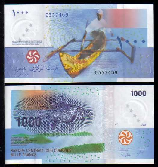 <font 08><font color=red><b>Comoros Pick 16, 2005 date<p> UNC,</font></b> 1000 Fr. Fish, back Man in outrigger canoe.