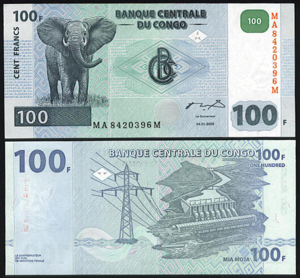 <font color=red><b>Congo Pick 92<p>  UNC,</font></b>   100 Francs. 4.1.2000 date.  Elephant at left.  Back shows a Dam and electric wires.  Prefix  MA  with 7 digit serial number followed with the letter M.<p> <a href="/shop/catalog/images/Congo-Pick-92.jpg">   <font color=green><b>View the image</b></a></font>