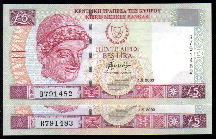 <font color=red><b>Cyprus Pick 61b, consecutive pair<p>  UNC,</font></b> 5 Pound.  1.9.2003 date. Prefix M with low 3 digit serial number 000445-446<p> <a href="/shop/catalog/images/Cyprus-Pick-61-2003-Pair.jpg">   <font color=green><b>View the image</b></a></font>