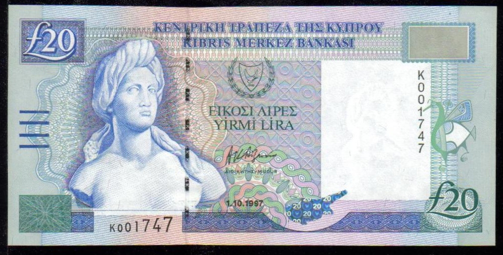 <font color=red><b>Cyprus Pick 63a<p>  UNC,</font></b>     20 Pound.  1.10.1997 date.  One piece available with a low Serial #K001747. <p> <a href="/shop/catalog/images/Cyprus-Pick-63a-001747.jpg">   <font color=green><b>View the image</b></a></font>