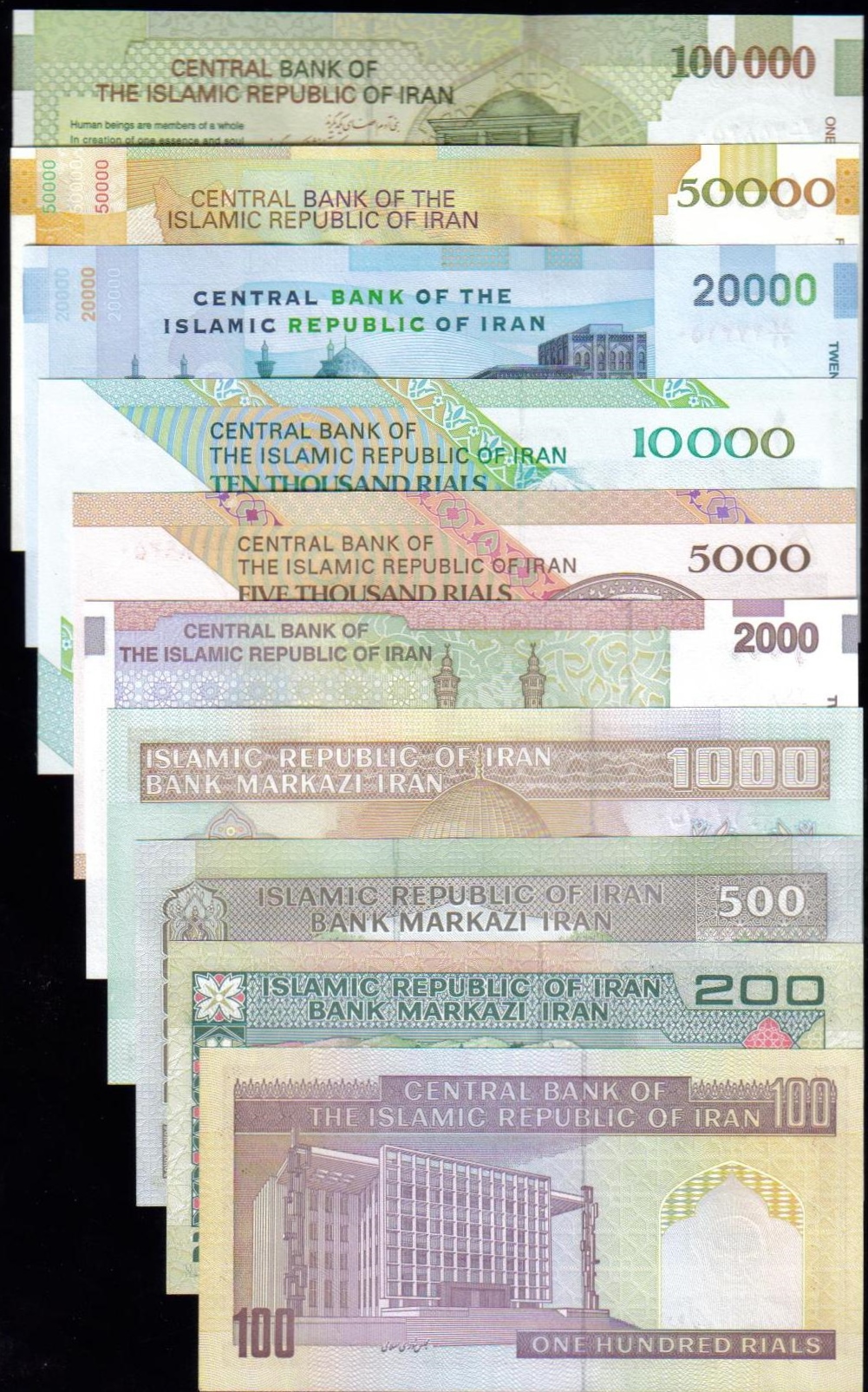 <font 130><font color=red><b>Set of 10 Banknotes </font></b><p>This is a complete set of current banknotes of Iran from 100 Rial to 100,000 Rial.  This is a nice way of having a sample of each denominations.  Most low values are no longer printed, and fetch $1 to $5.00 each. <p><a href="/shop/catalog/images/Iran-Set-of-10.jpg"><font color=blue>(Click to see the fronts)Â </font></a>Â  <a href="/shop/catalog/images/Iran-Set-of-10-Back.jpg"><font color=blue>(Click to see the backs)</font></a>