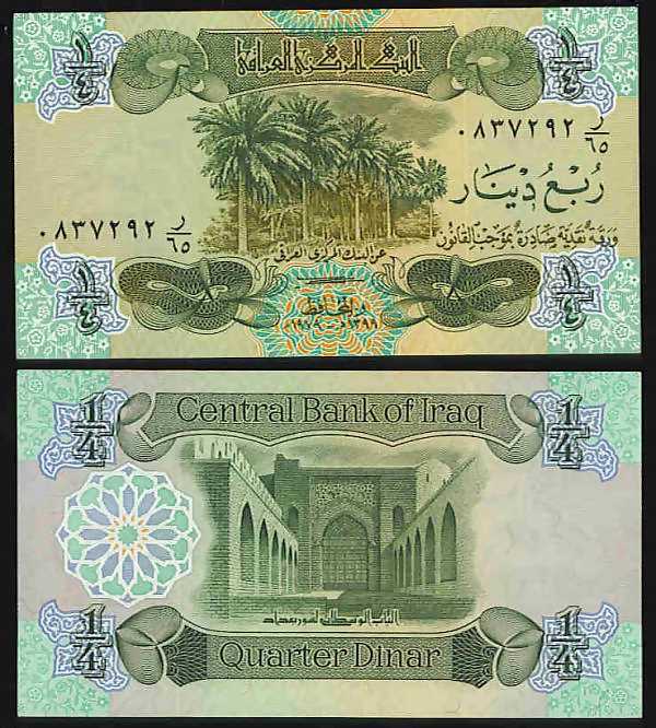 <font color=red size=+1> Iraq Pick 067, 1/4 Dinar, UNC, 5 pieces @$1.50</font><p>