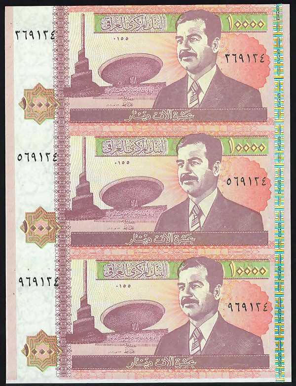<p><font color=red><b>Iraq Pick 89 UNC<p> </font></b>  10,000 Dinar, Date: 2002.  The last banknote with Saddam's portrait.   Uncut Sheet of 3.  See image. <p> <a href="/shop/catalog/images/Iraq-Pick-89-Uncut.jpg"> <font color=green><b>View the image</b></a></font><p>