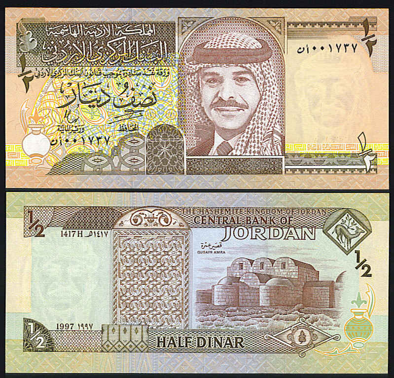 <font color=red size=+1> Jordan Pick 28b, 1/2 Dinar 1997, UNC, 10 pieces @$2.00</font><p>