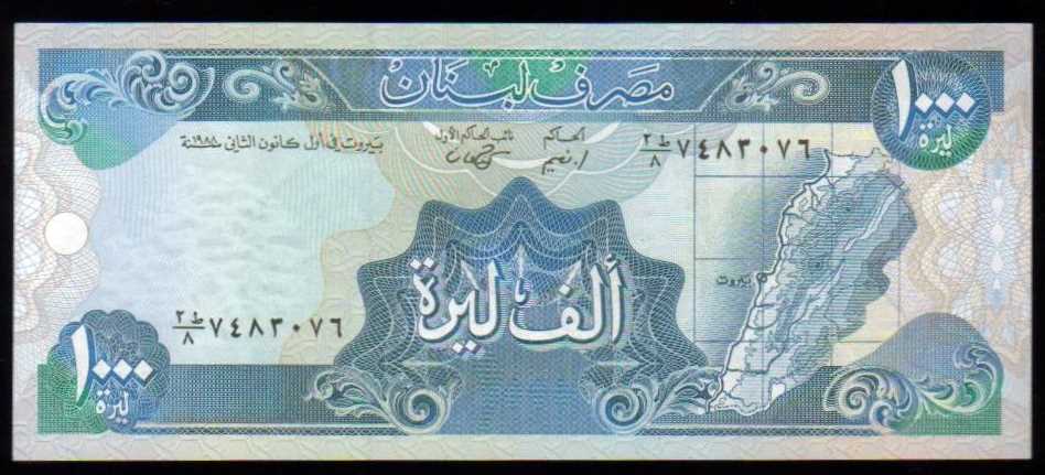 <font color=red><b>Lebanon Pick 69 UNC<p></font></b> 1,000 Lira, Date: 1988.