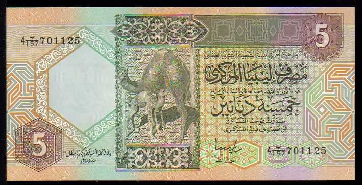 <font color=red><b>Libya Pick 60c UNC, <font color=green><u>Prefix 4 with MULTICOLOR underprint</font></u></font></b>  5 Dinar. Serial #4/7011xx,  Sign. #5. <img border="0" src="https://www.mebanknotes.com/shop/catalog/images/Libya-Sign-05.jpg"> <a href="/shop/catalog/images/Libya-Pick-60c.jpg"> <font color=green><b>View the image</b></a></font>