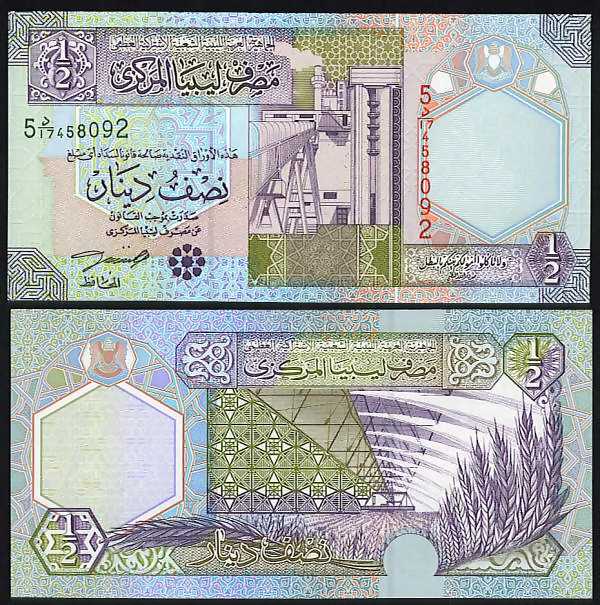 <font color=red size=+1> Libya Pick 63, 1/2 Dinar Prefix 5, UNC, 10 pieces @$1.95</font><p>