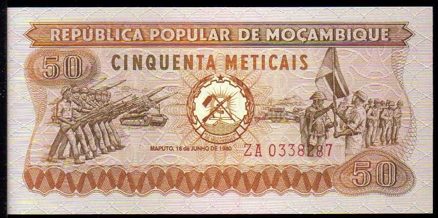 <font color=red><b>Mozambique Pick 125, UNC</b></font> <br> 50 Meticais, 1980, Serial number: ZA 0338287. <p> <a href="/shop/catalog/images/Mozambique-Pick-125-R-0338287.jpg"> <font color=green>View the image of the exact banknote you will be receiving</a><br></font>