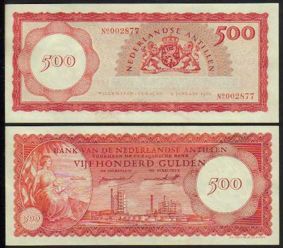 <font color=red><b>Netherlands Antilles Pick 07a, UNC,</font></b><p> 500 Gulden, 2.1.1962, Serial #002877, see the image of the note you will receive.  Pick catalog price is $2350.00