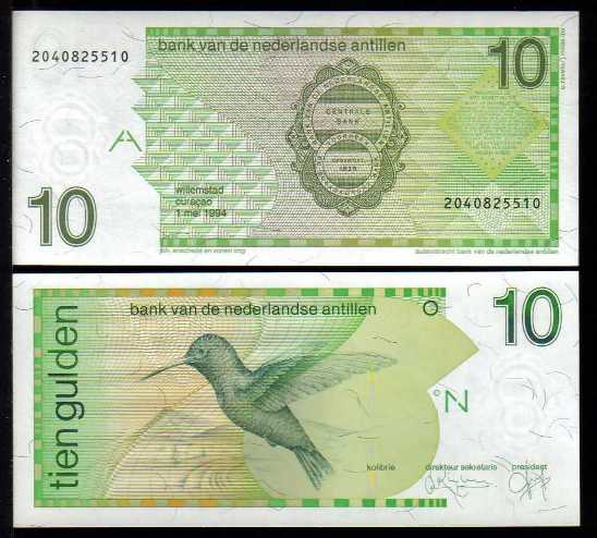<font color=red><b>Netherlands Antilles Pick 23c, UNC,</font></b><p>  10 Gulden, 1.5.1994, Serial #2040825510, see the image of the note you will receive.  Pick price $50.00