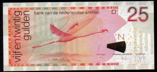 <font color=red><b>Netherlands Antilles Pick 29c, UNC,</font></b><p>  25 Gulden, 1.12.2003, Serial #-964535, see the image of the note you will receive.