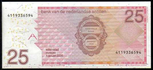 <font color=red><b>Netherlands Antilles Pick 29d, UNC,</font></b><p>  25 Gulden, 1.1.2006, Serial #-336594, see the image of the note you will receive.