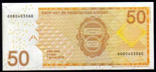 <font color=red><b>Netherlands Antilles Pick 30d, UNC,</font></b><p>  50 Gulden, 1.1.2006, Serial #6080403060, see the image of the note you will receive.