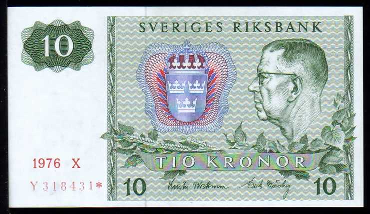 <font color=red><b>Sweden Pick 52, UNC</b></font> <br> 10 Kronor, 1976X, Serial number: Y318431*. <p> <a href="/shop/catalog/images/Sweden-Pick-452.jpg"> <font color=green>View the image of the exact banknote you will be receiving</a><br></font>