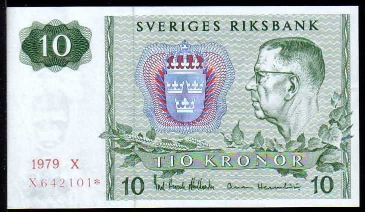 <font color=red><b>Sweden Pick 52d, UNC</b></font> <br> 10 Kronor, 1979X, Serial number: X642101*. <p> <a href="/shop/catalog/images/Sweden-Pick-52-664201.jpg"> <font color=green>View the image of the exact banknote you will be receiving</a><br></font>