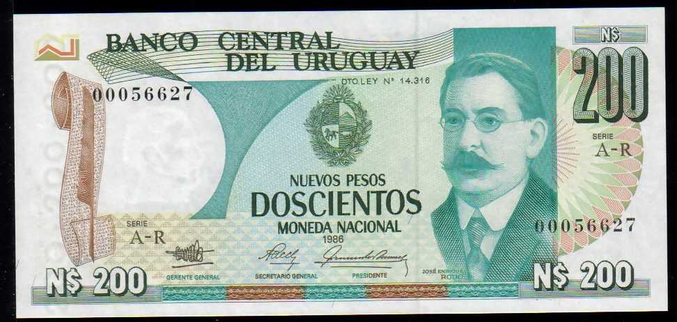 <font color=red><b>Uruguay Pick 66, UNC</b></font> <br> 200 Pesos, 1986, Serial number: A-R 00056627. <p> <a href="/shop/catalog/images/Uruguay-Pick-66-R-00056627.jpg"> <font color=green>View the image of the exact banknote you will be receiving</a><br></font>
